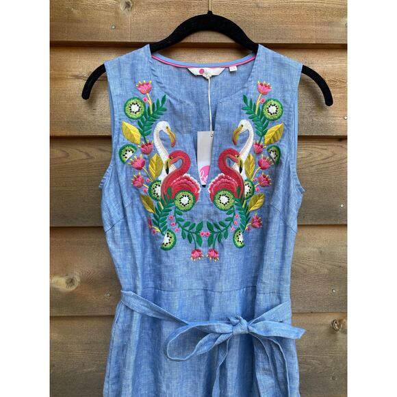 Boden blue chambray tropical bird embroidered linen midi dress - Picture 2 of 10